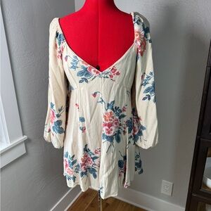 Free People Floral Long Sleeve Mini Dress L Cream Boho Viscose Peasant Style